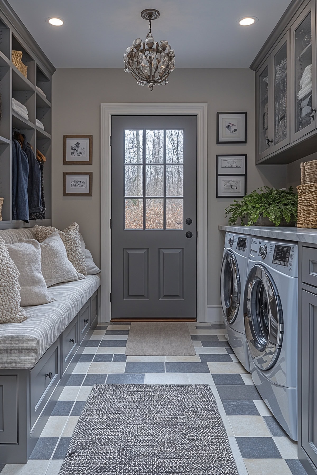 Elegant mudroom with checkered floors and ample storage options.