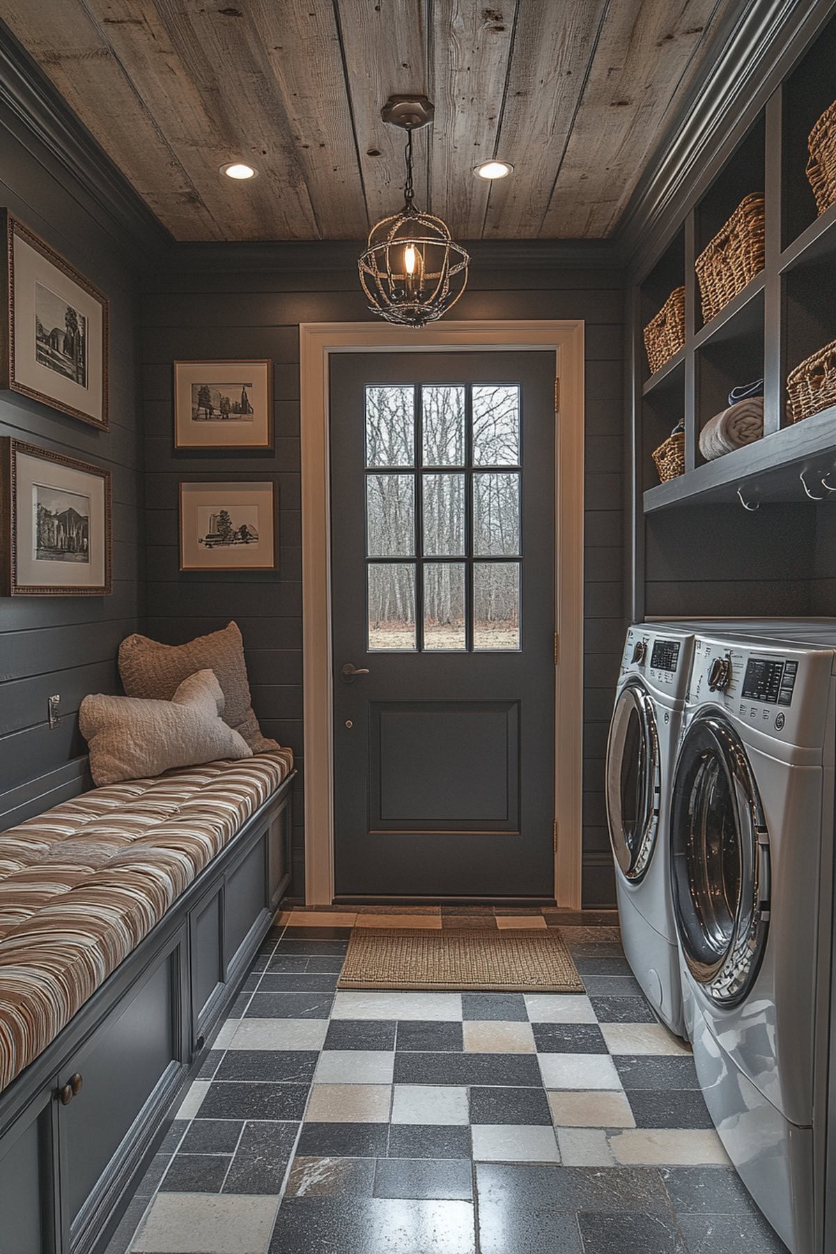 Transitional mudroom laundry room featuring long benches and a chandelier.