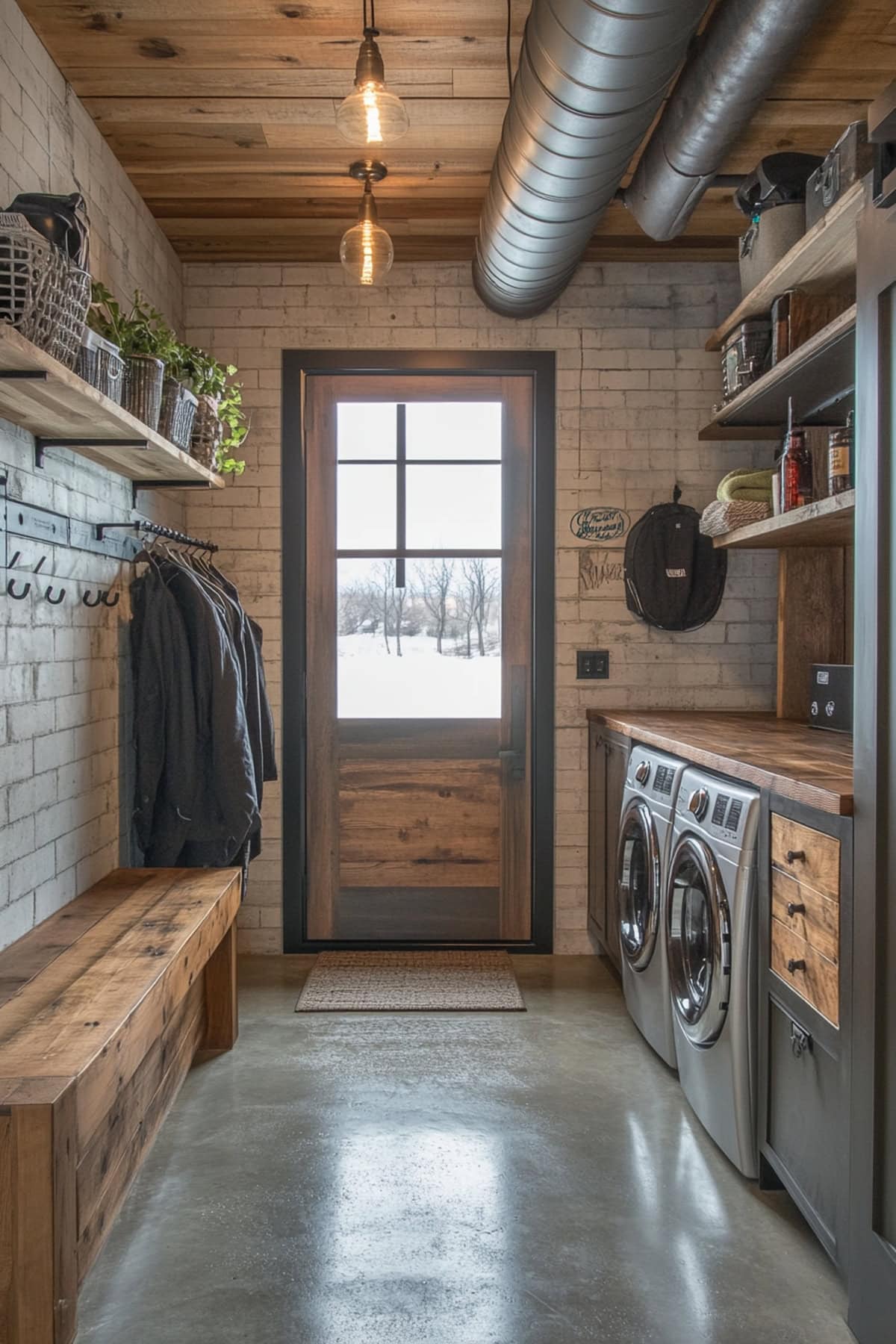 Urban loft mudroom with exposed ceilings and metal shelving.