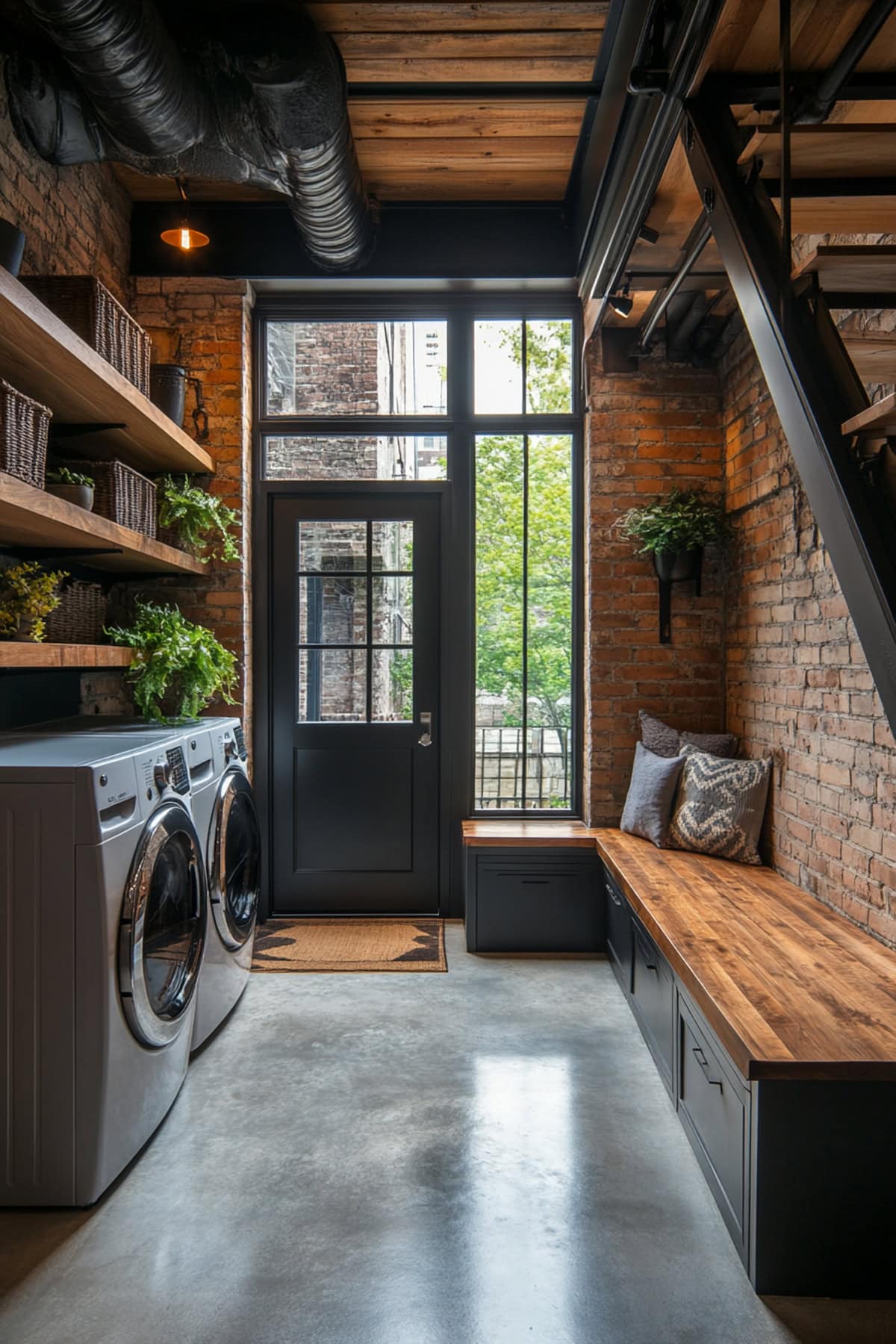 Modern mudroom laundry room featuring concrete floors and large windows.