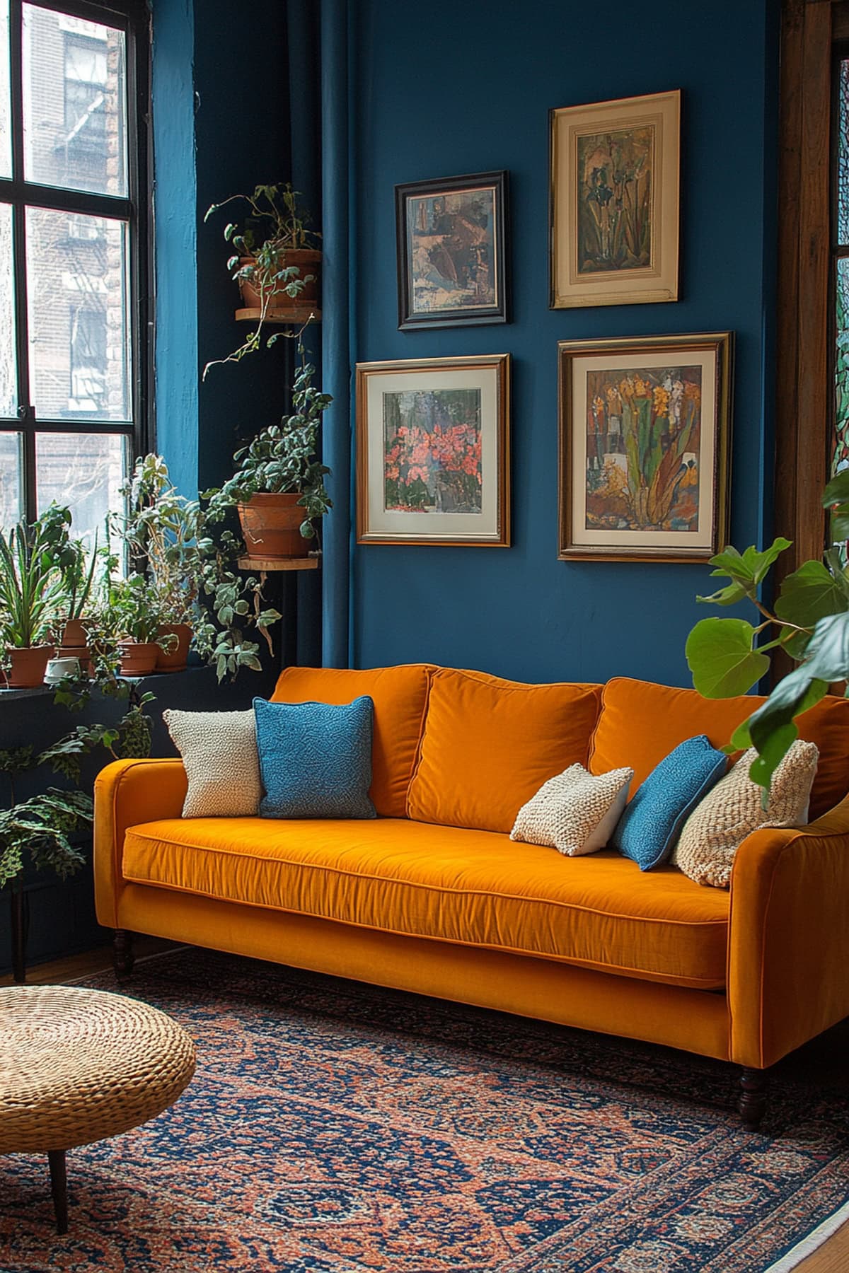 Vibrant Dark Blue Living Room with Burnt Orange Sofa 01