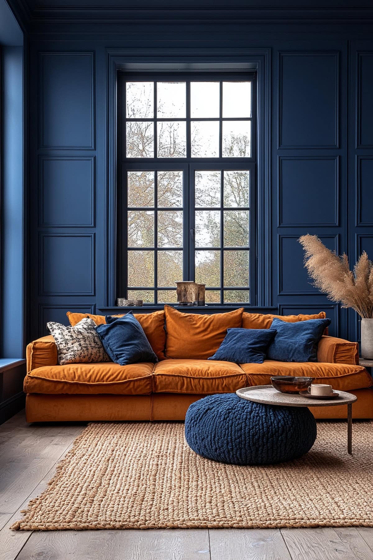 Vibrant Dark Blue Living Room with Burnt Orange Sofa 02