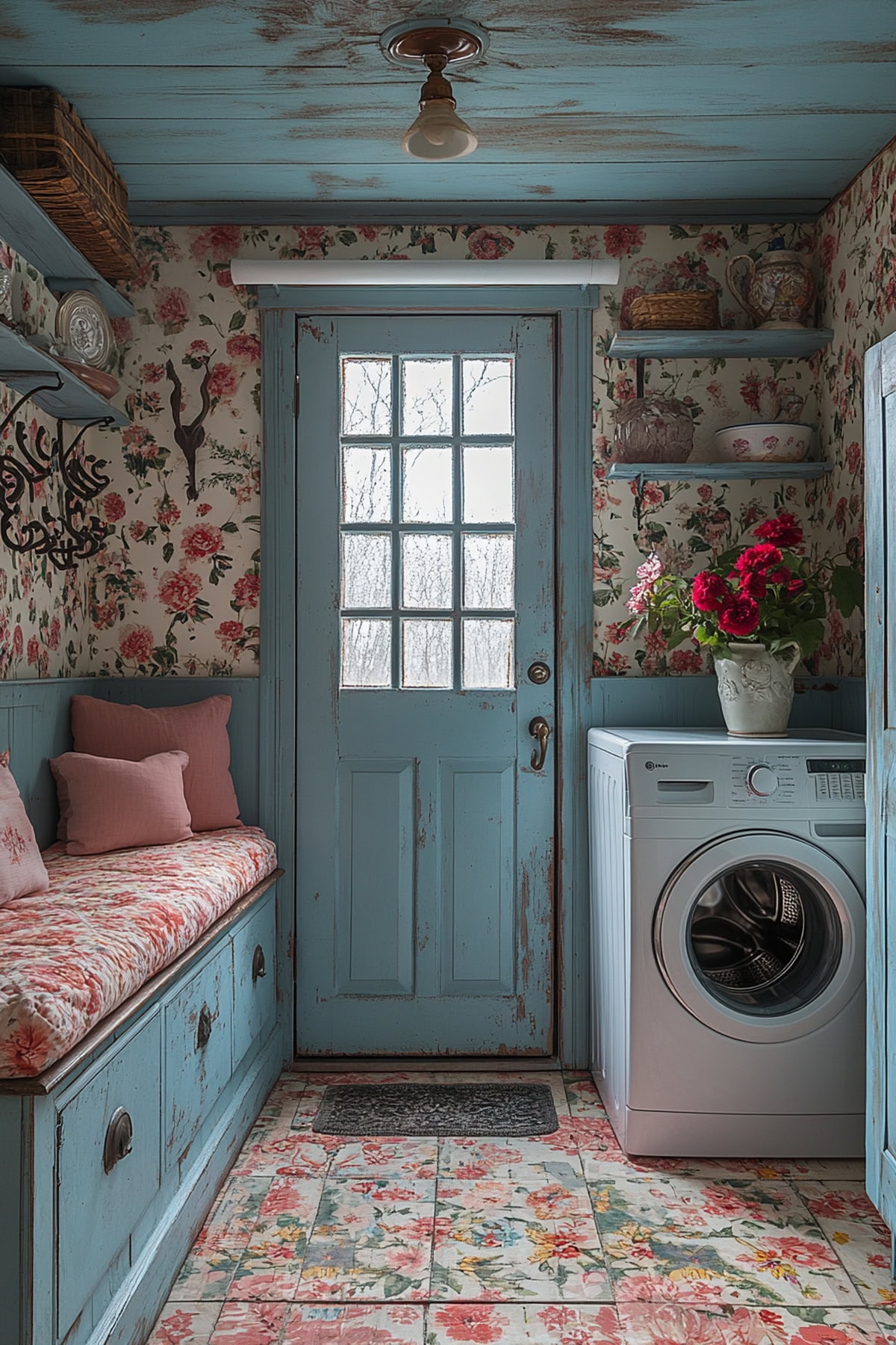 Vintage mudroom with patterned wallpaper and antique chandelier.