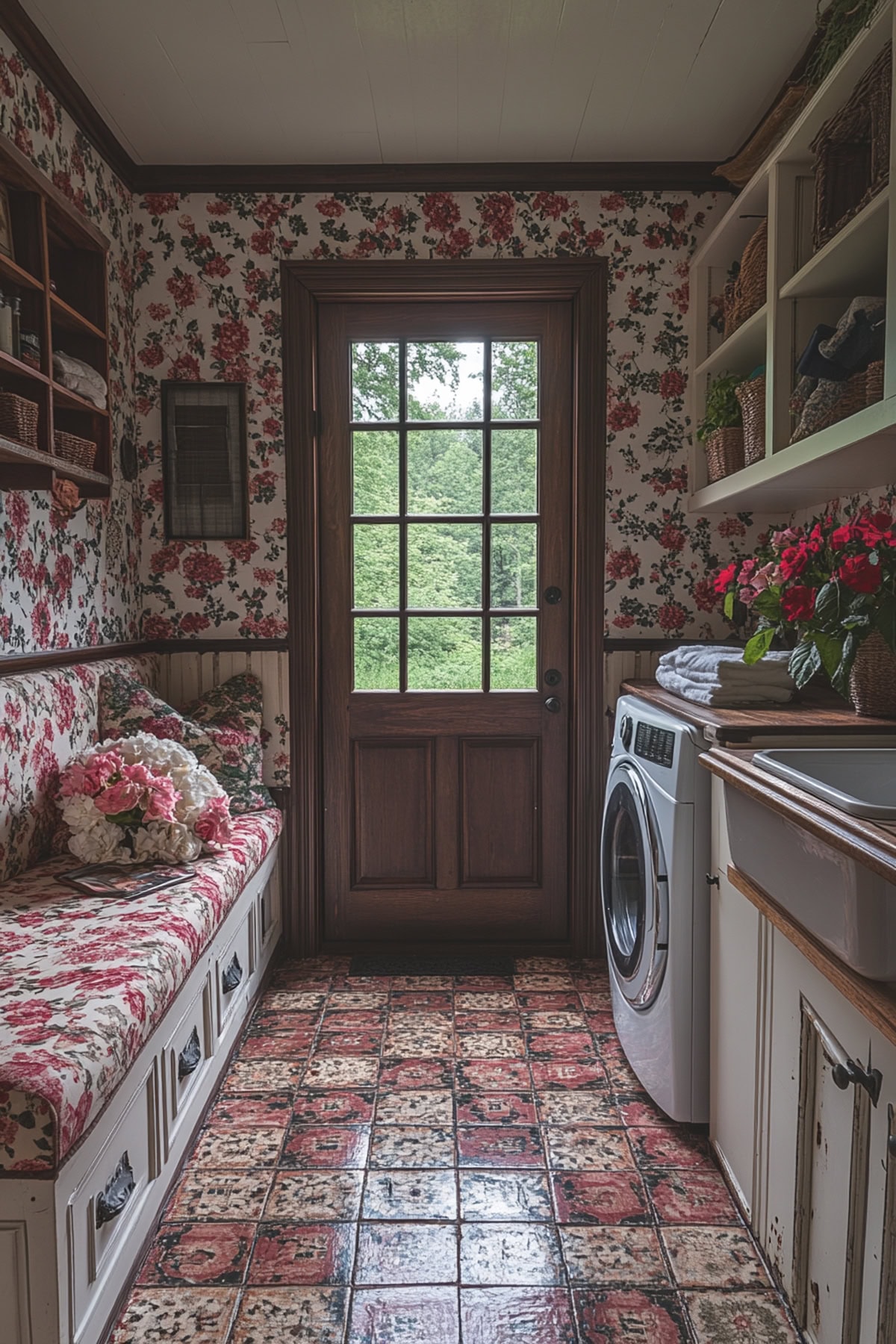 Elegant mudroom laundry room featuring soft hues and brass fixtures.