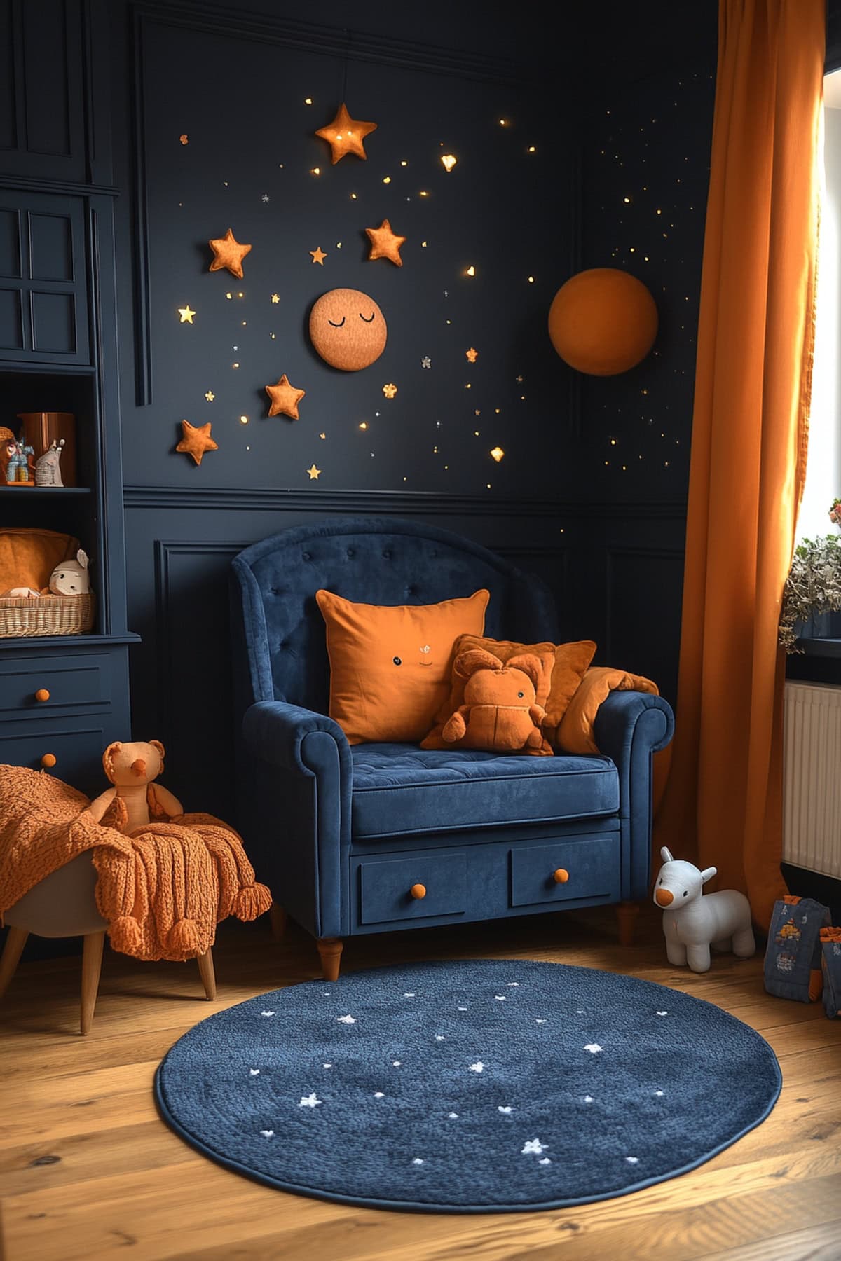 Whimsical Dark Blue Nursery with Soft Orange Accents 01