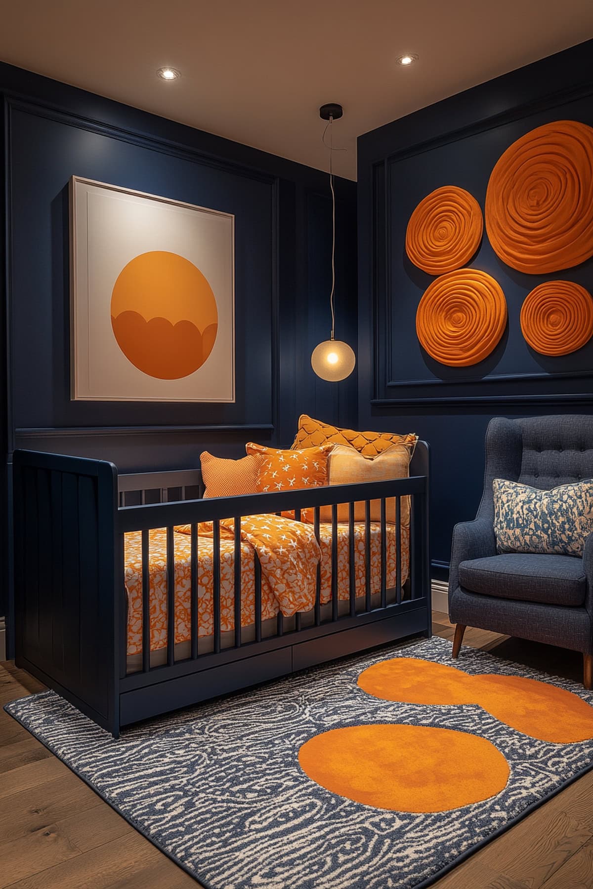 Whimsical Dark Blue Nursery with Soft Orange Accents 02