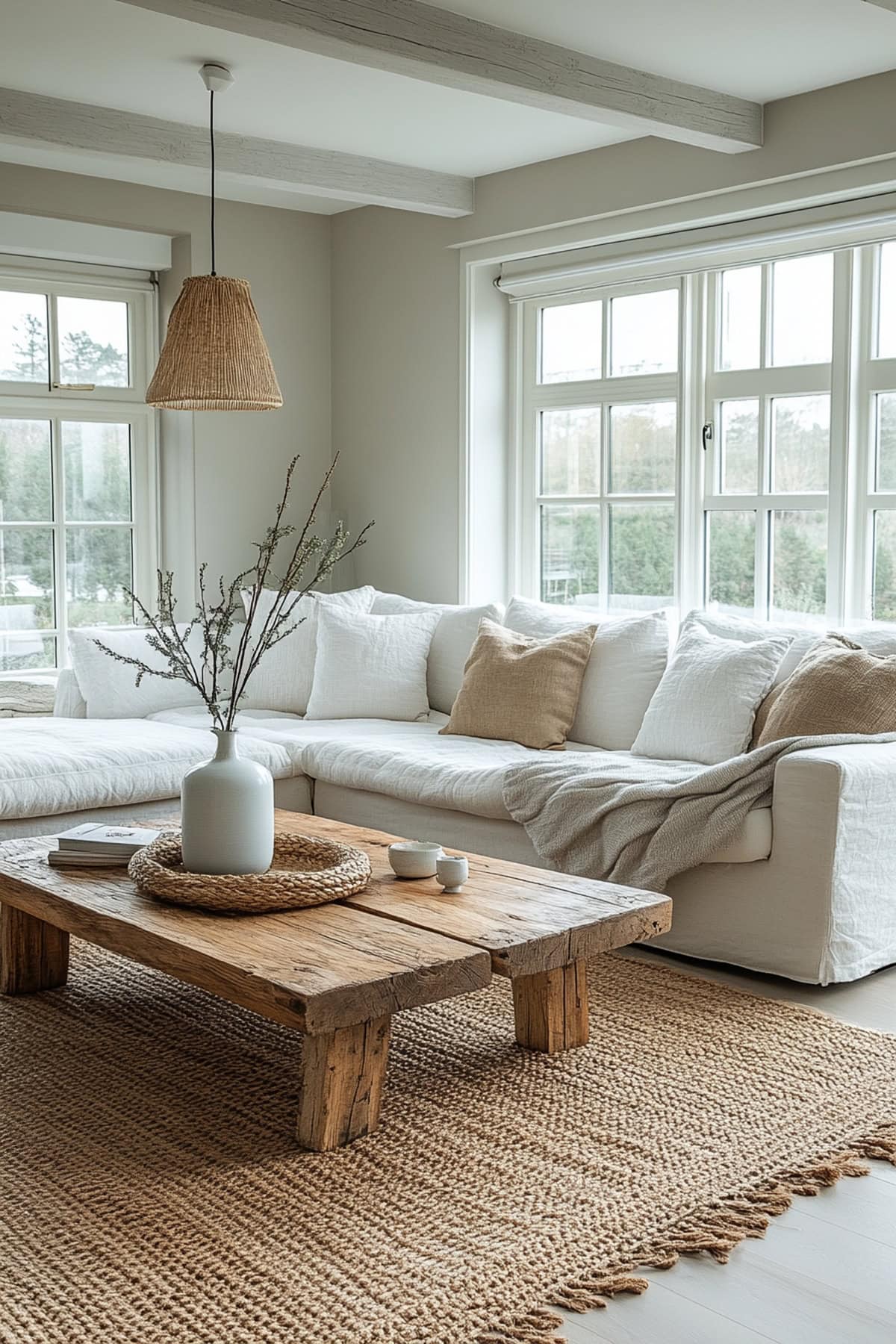 Bright living room with white sofa, wooden coffee table, and natural light