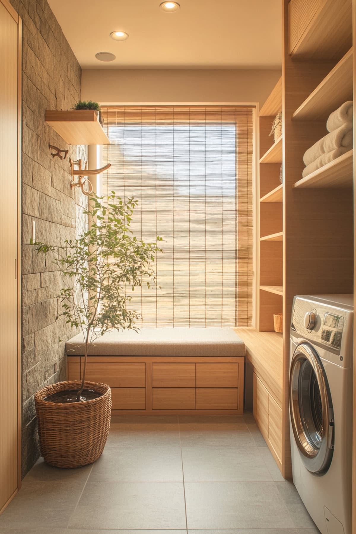 Zen mudroom with bamboo accents and minimalist design.