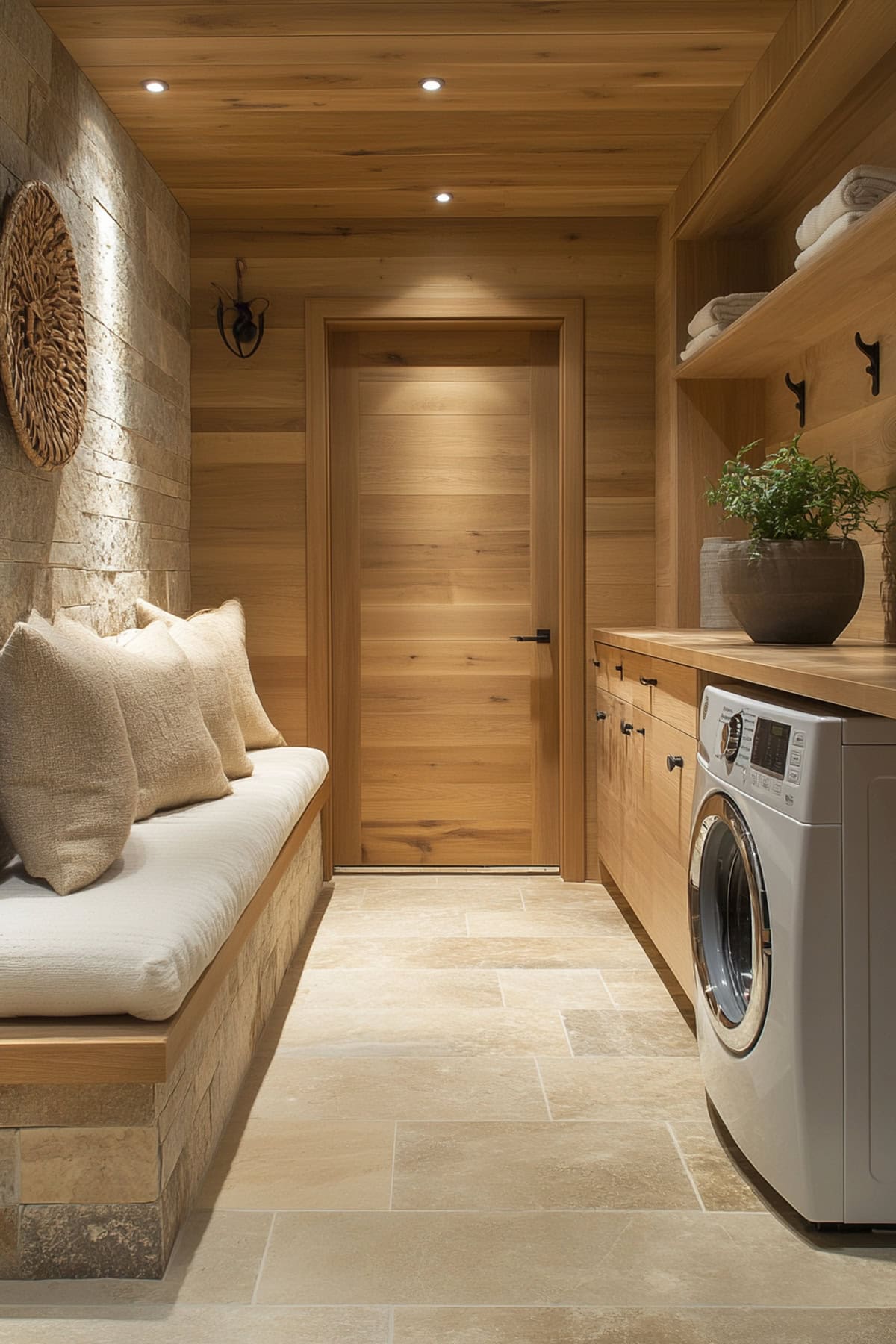 Serene mudroom laundry room featuring natural materials and calming elements.