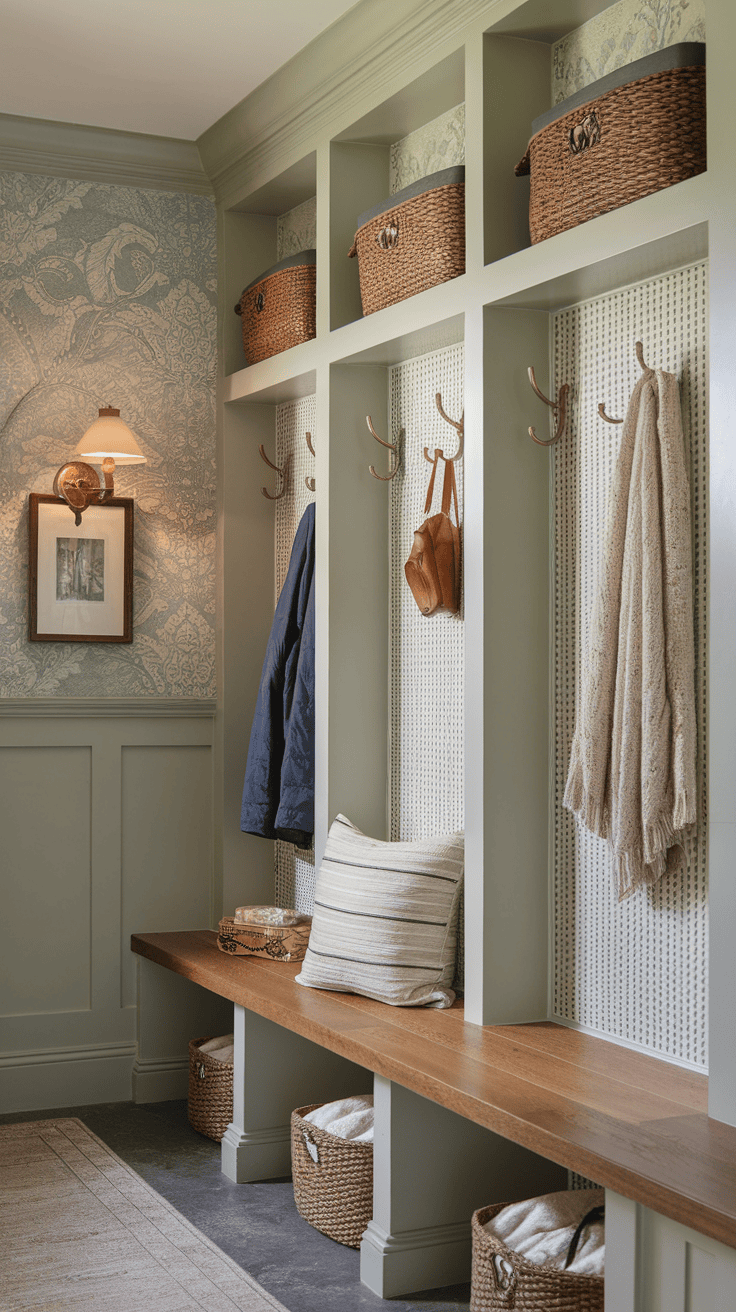 A stylish mudroom featuring abstract wallpaper, stylish storage, and a cozy bench.