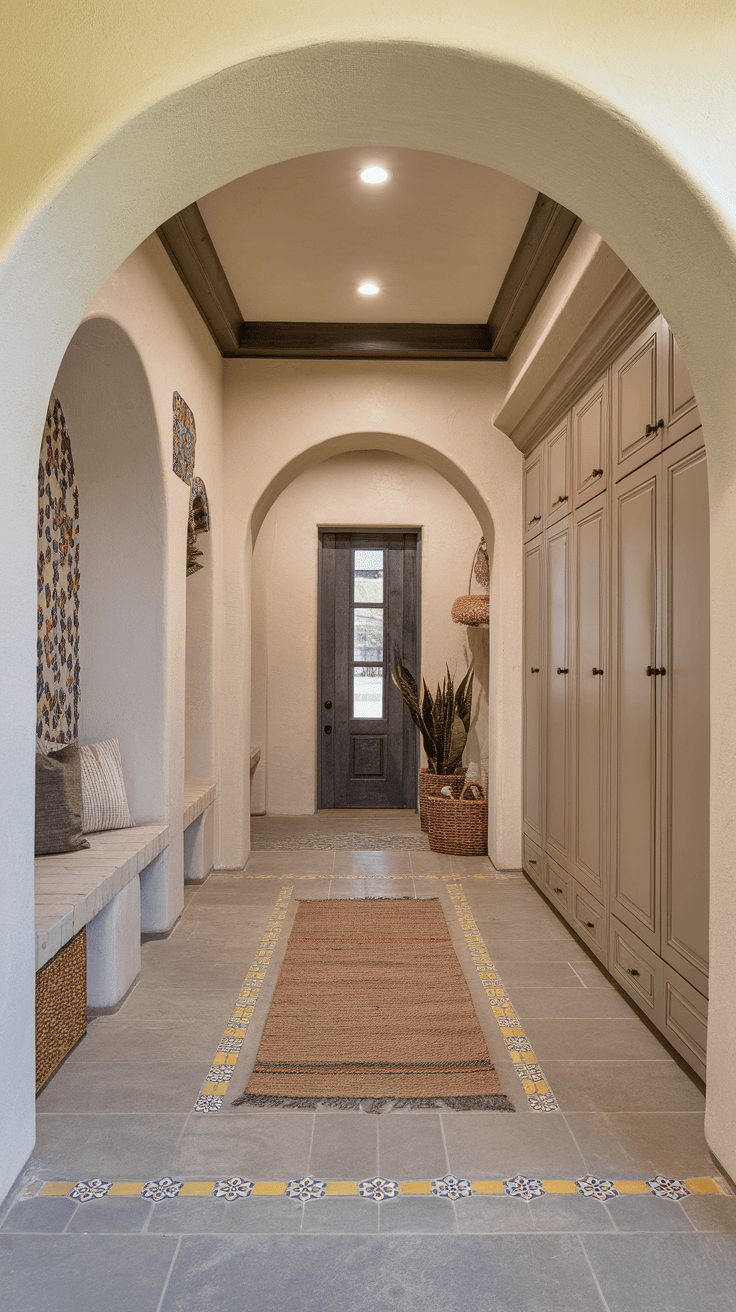 Interior of a Spanish-style mudroom with arched doorways and colorful tile details.