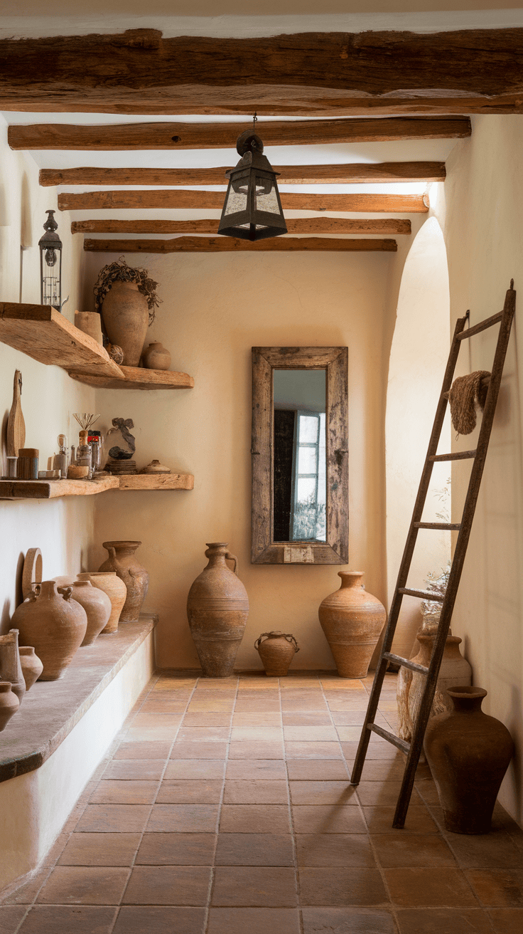 A cozy Spanish inspired mudroom featuring terracotta tiles, rustic shelves, and traditional pottery.