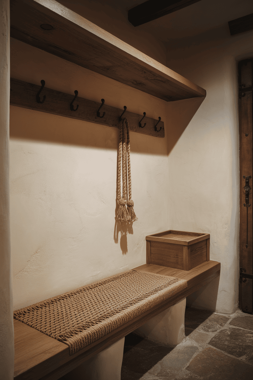 A wooden storage bench with a woven mat, hooks on the wall, and a wooden box.