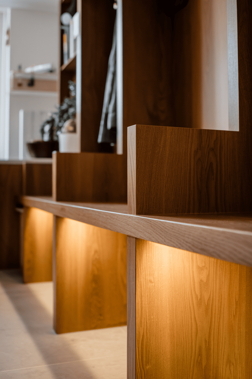 Wooden storage bench with built-in lighting in a modern room