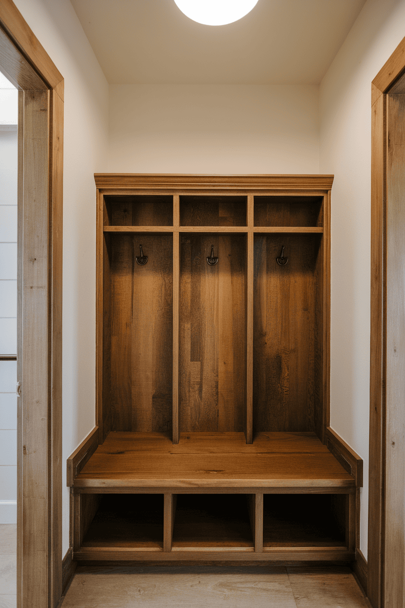 Wooden storage bench with hooks and compartments in a mudroom