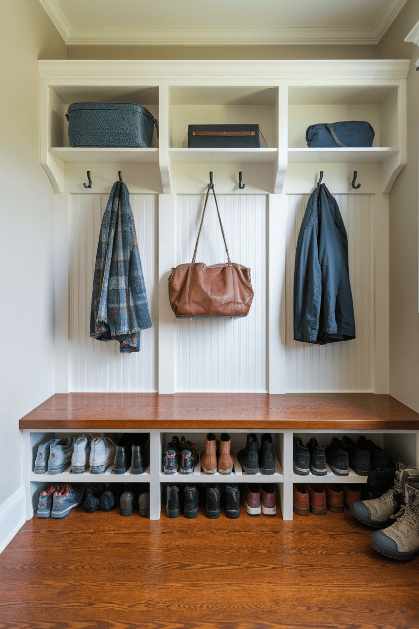 Entryway bench with shoe storage and hooks for bags and jackets.