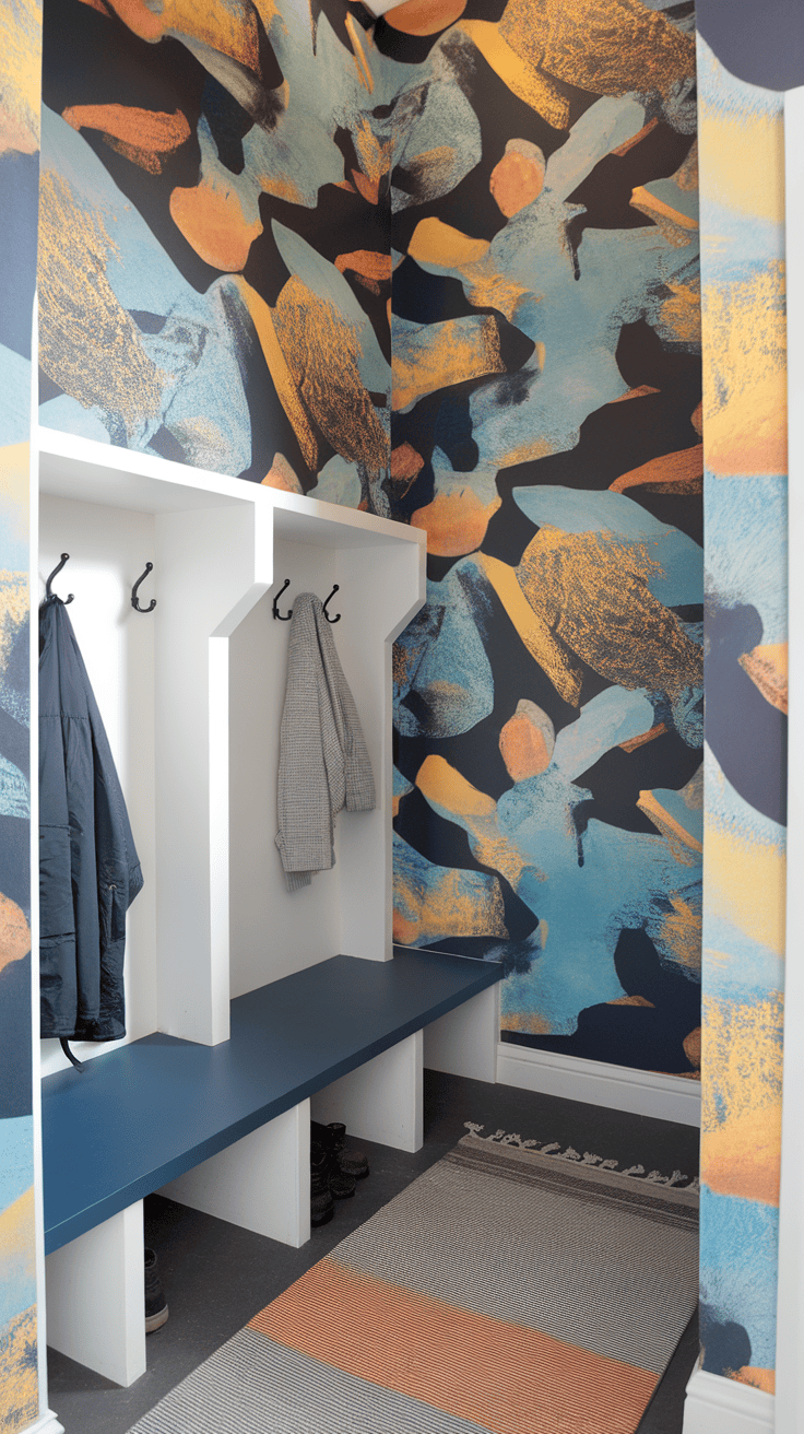 A mudroom featuring vibrant, abstract wallpaper with bright colors and a modern design.