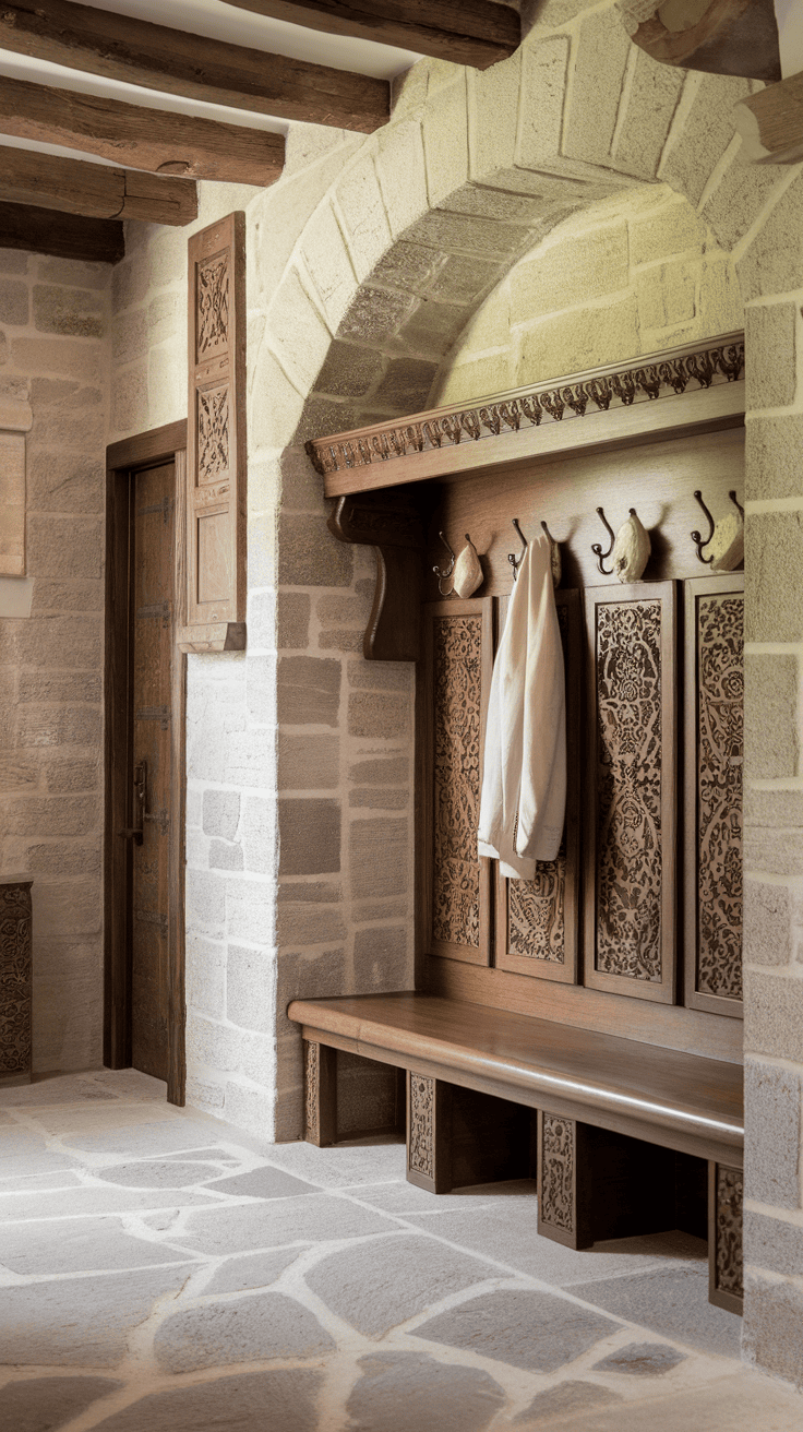 A beautifully designed Spanish-inspired mudroom with carved wood storage and stone walls.