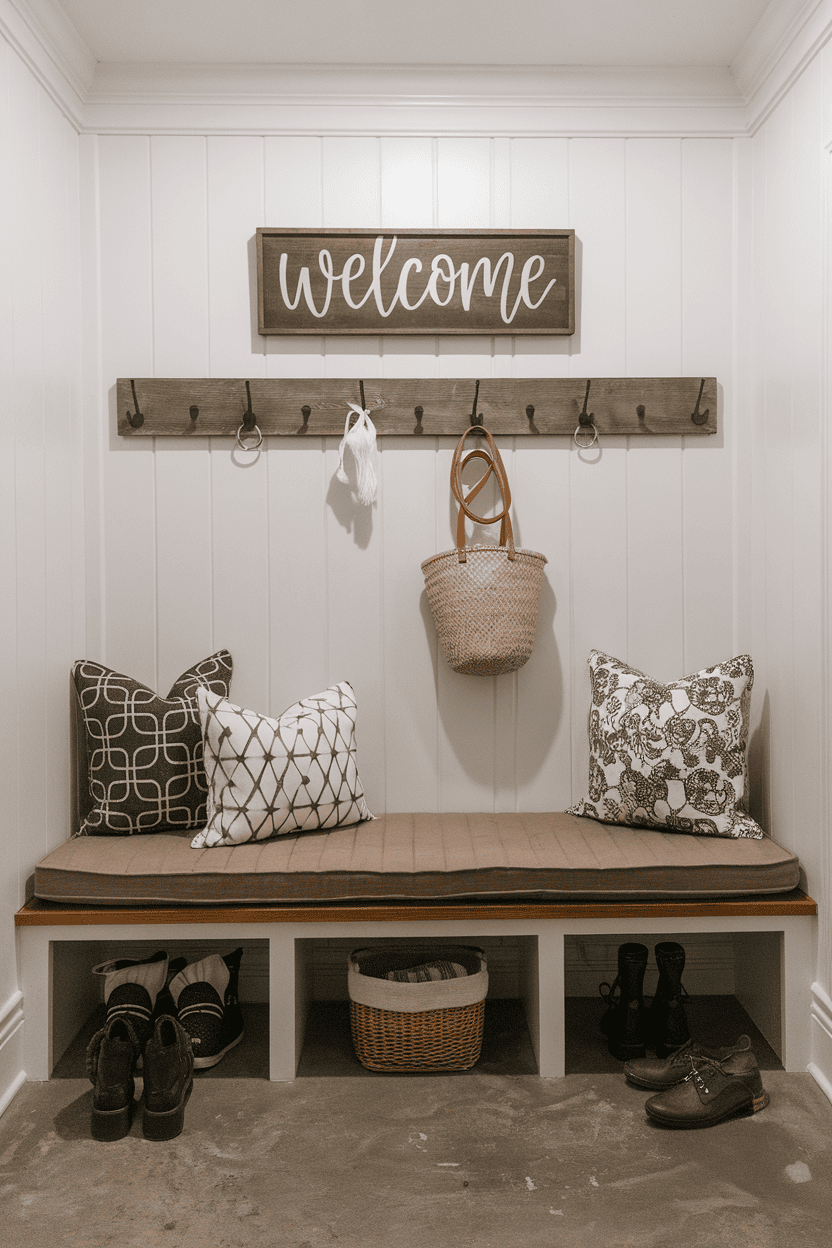 A cozy entryway with a wooden storage bench, patterned pillows, and a welcome sign.