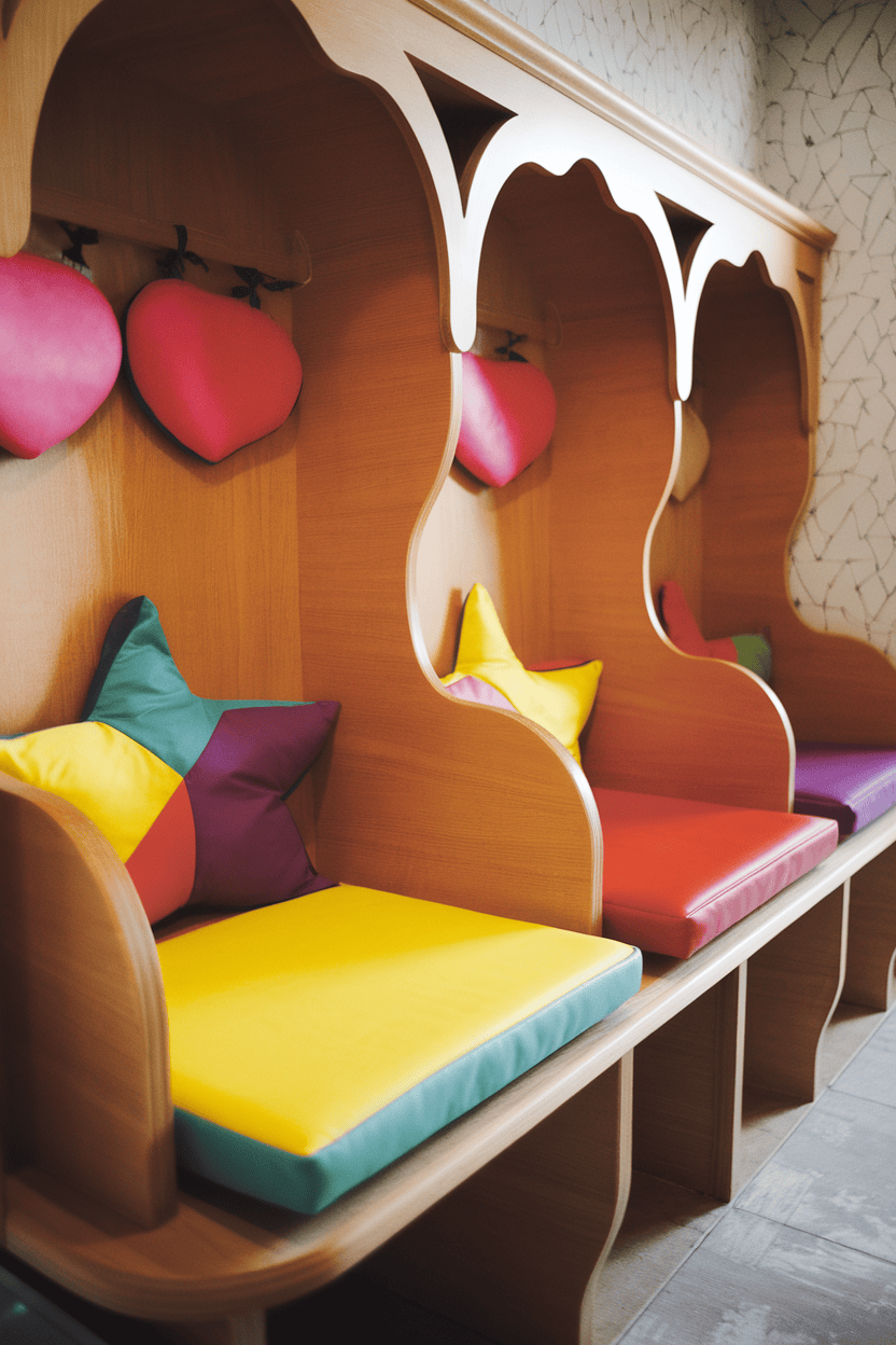 Colorful bench seating with cushions in a cozy entryway