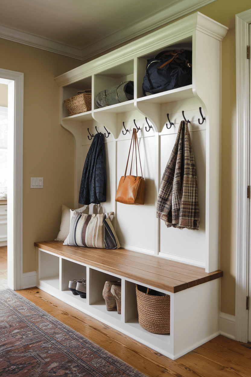 A stylish wooden storage bench with hooks above, featuring organized bags and cushions.