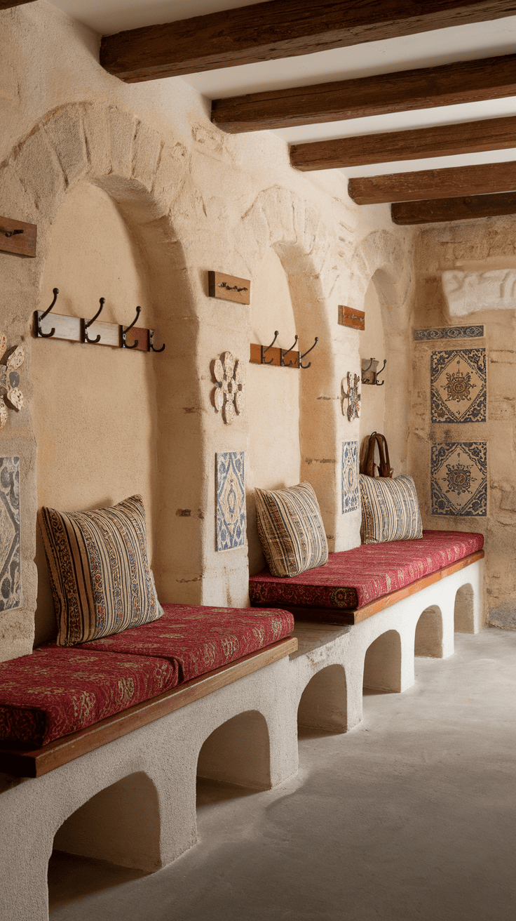 Cozy benches with Spanish-style patterns in a mudroom