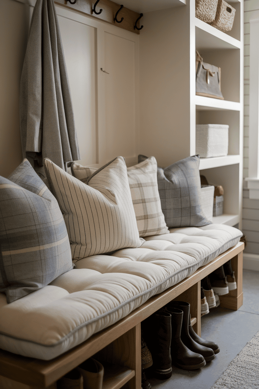 Cozy cushioned bench with pillows in an organized mudroom setting.