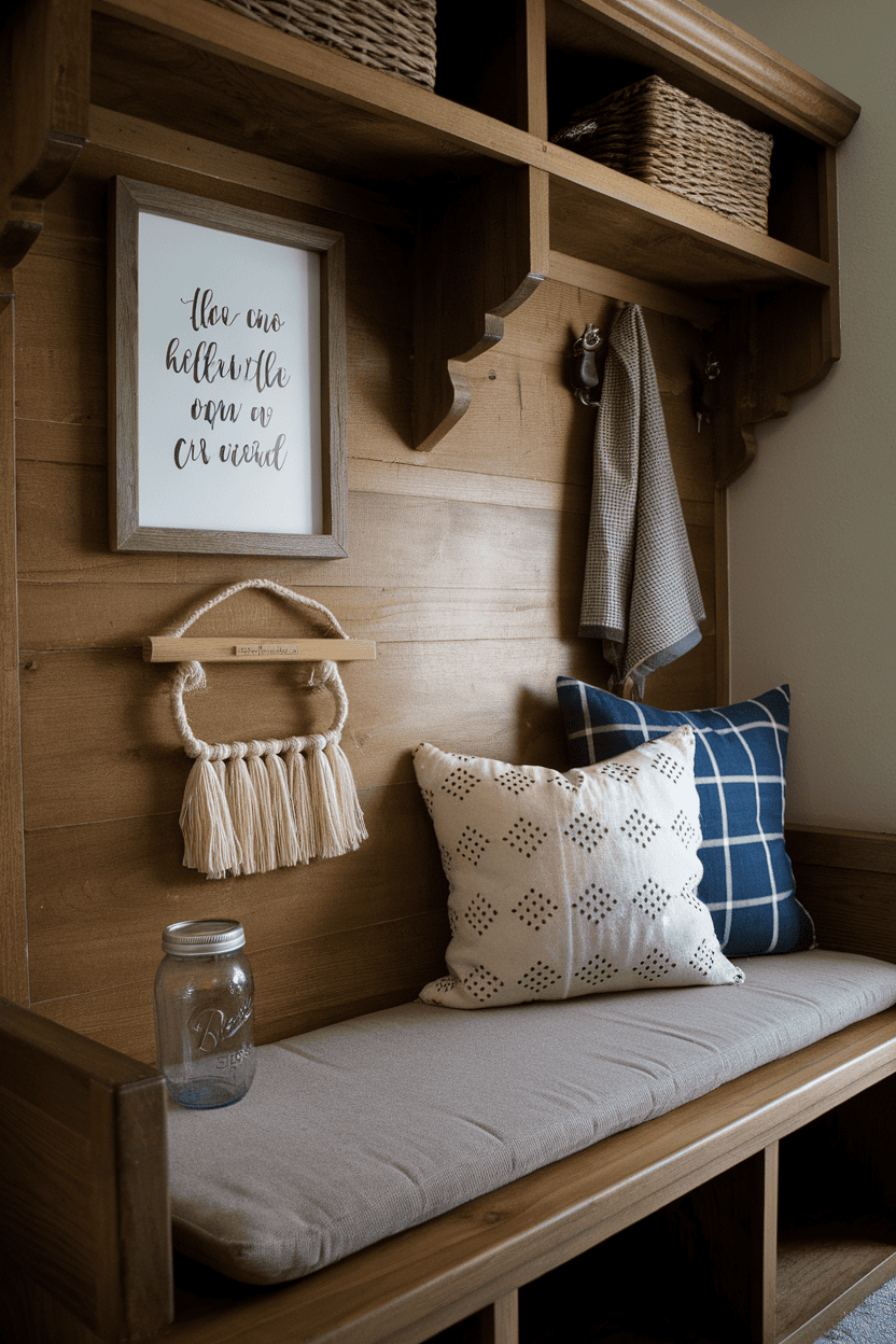 Cozy wooden storage bench with pillows and decor in an organized entryway