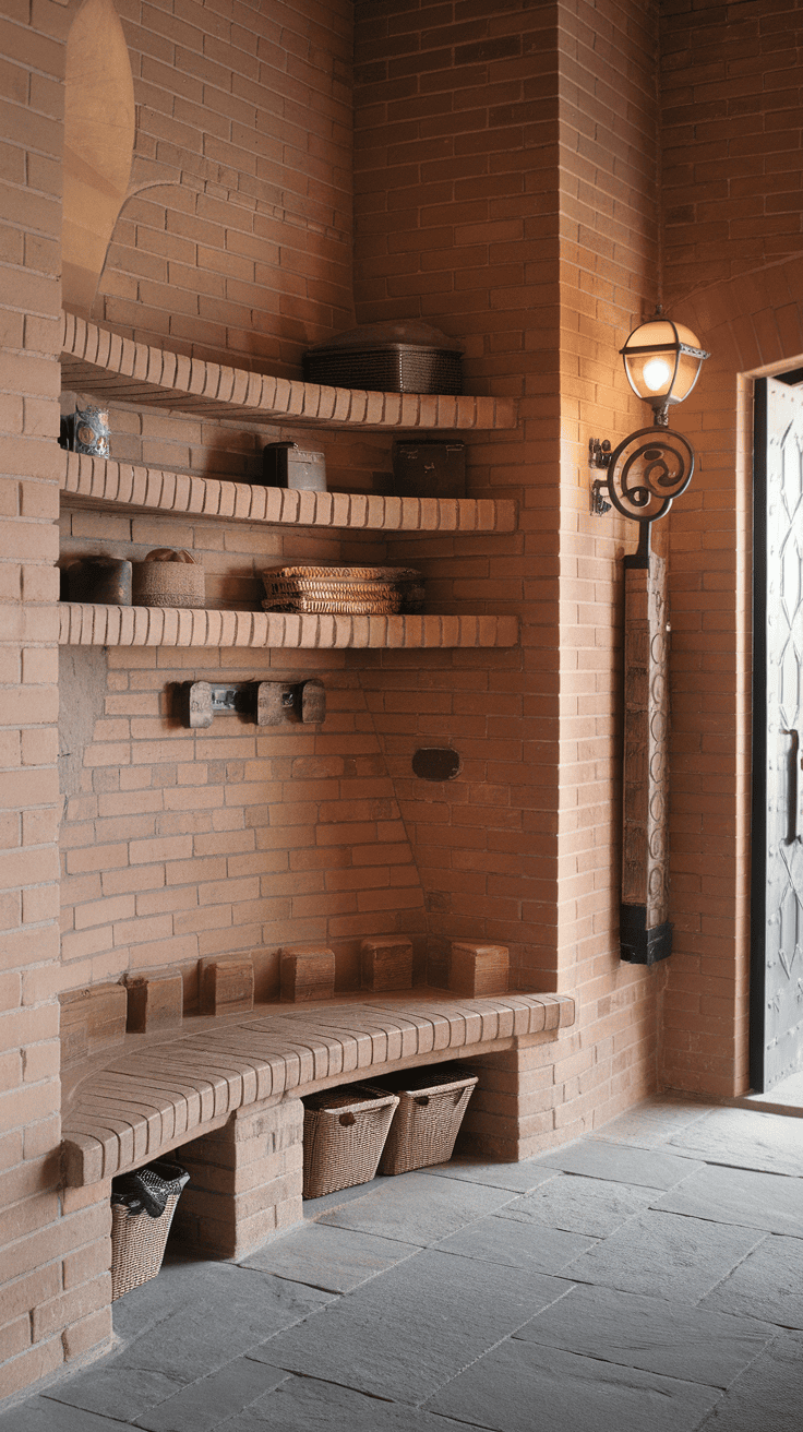 Interior of a Spanish mudroom with curved shelving, brick walls, and woven baskets.