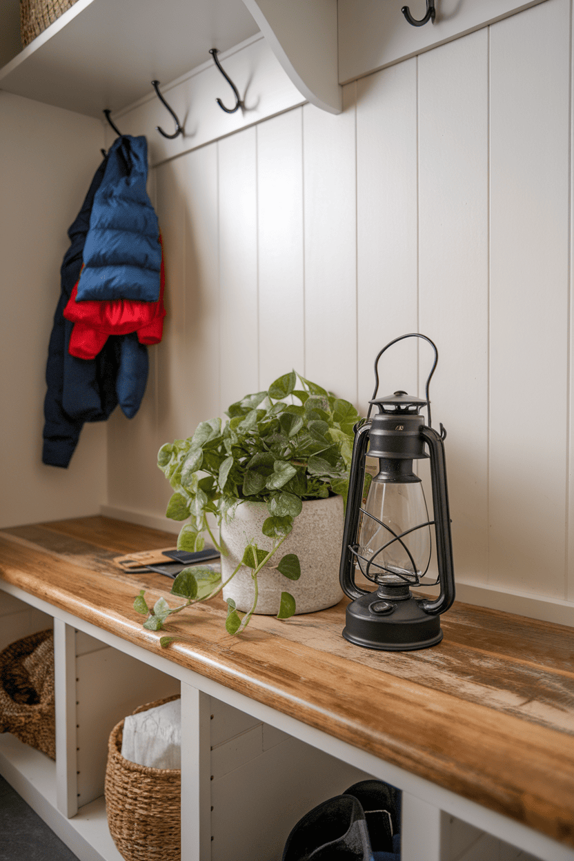 A rustic wooden bench with a potted plant and lantern, set in a cozy entryway.