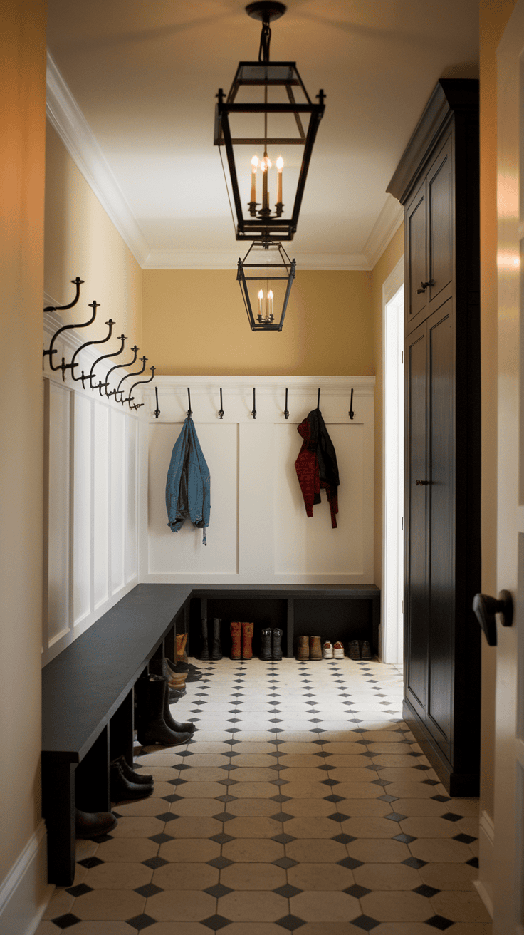 A stylish Spanish mudroom featuring lantern lighting, black accents, and Spanish tile floor.