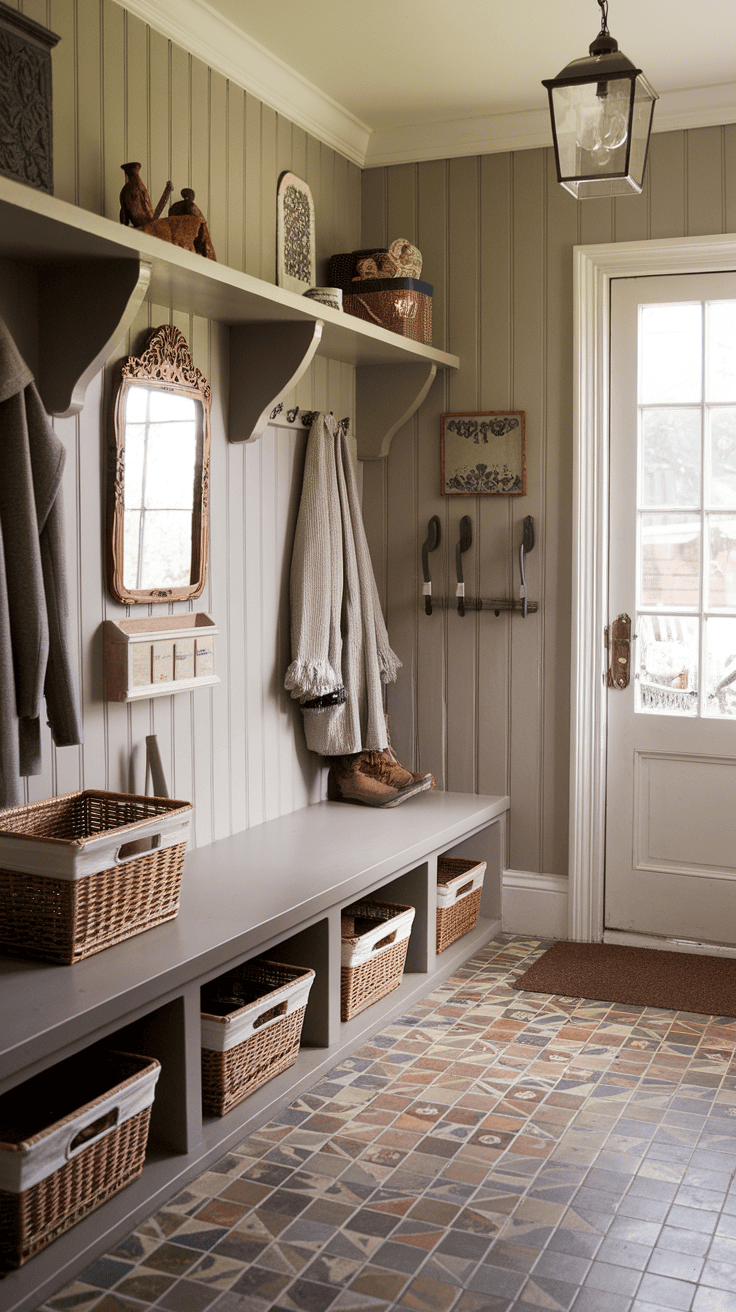 Elegant Victorian farmhouse mudroom with patterned tiles and rustic decor.