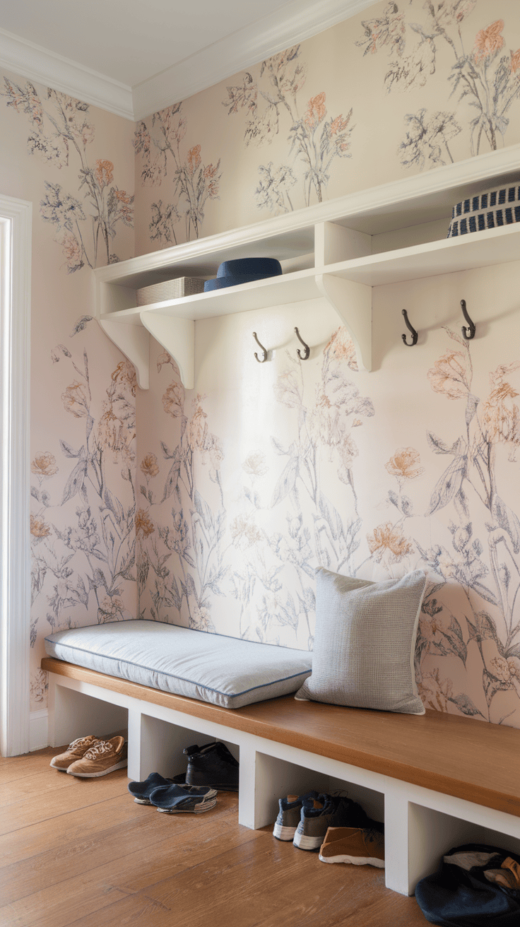 A mudroom featuring floral-themed wallpaper, a cushioned bench, and organized storage.