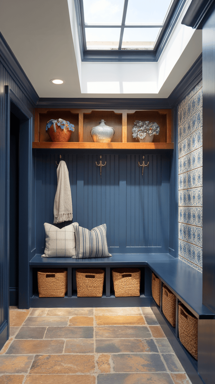 A stylish Spanish-inspired mudroom featuring blue walls, a tile floor, and decorative shelving.