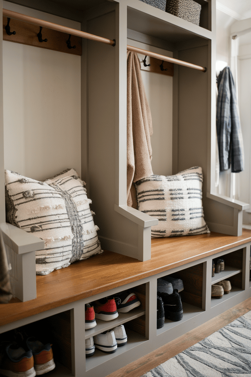 A stylish mudroom with a wooden storage bench, pillows, and organized shoe storage.