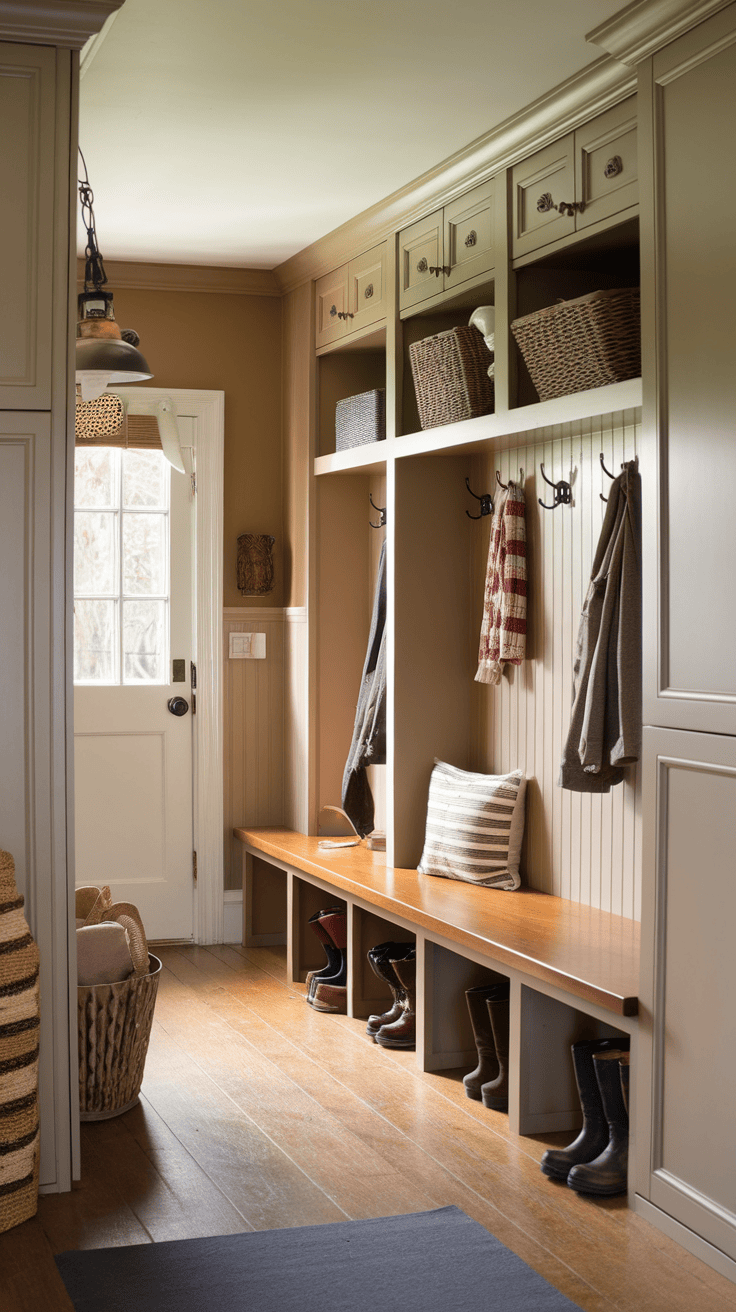 A cozy Victorian farmhouse mudroom with built-in cabinets, a wooden bench, and storage baskets.