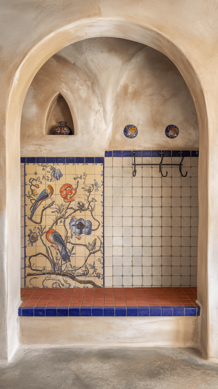 A Spanish-style mudroom featuring colorful hand-painted tiles and a cozy bench area.