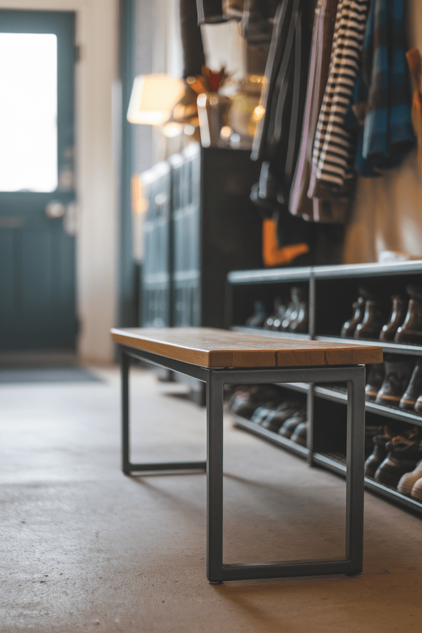 A wooden storage bench in an entryway with shoes and clothing nearby.