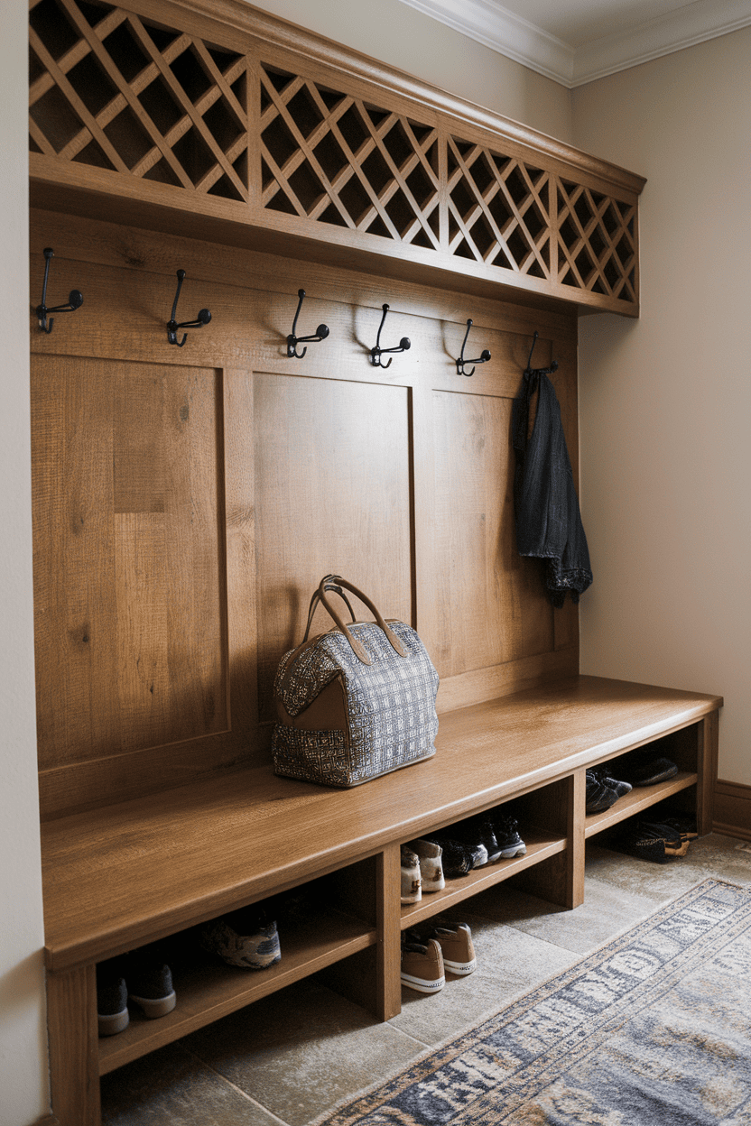 An organized entryway with a wooden storage bench, hooks for hanging, and a lattice design above.