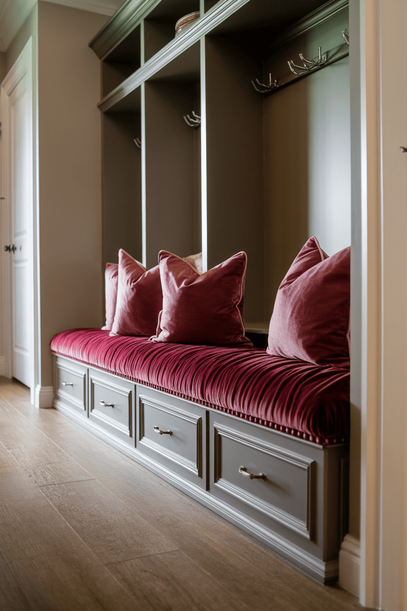 Luxurious velvet bench seating with pillows and storage underneath in a stylish entryway