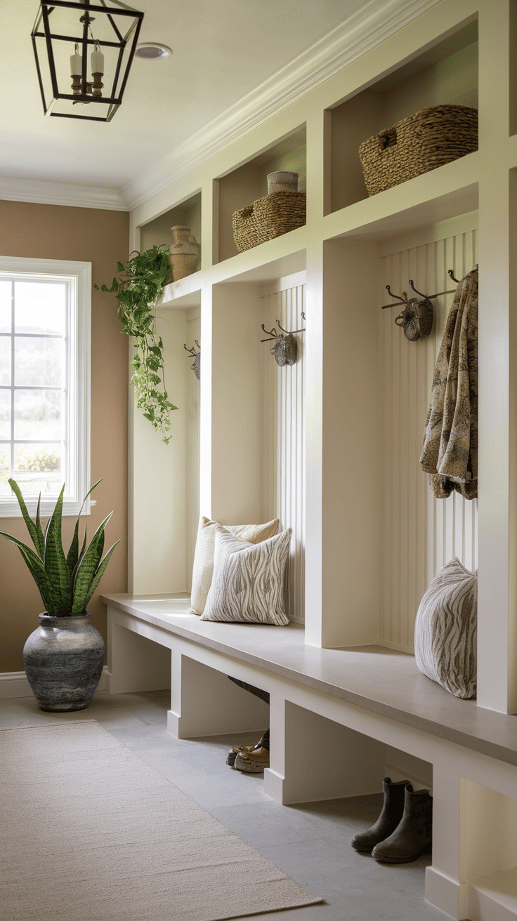 A stylish Spanish mudroom featuring a comfortable seating area, plants, and decorative baskets.