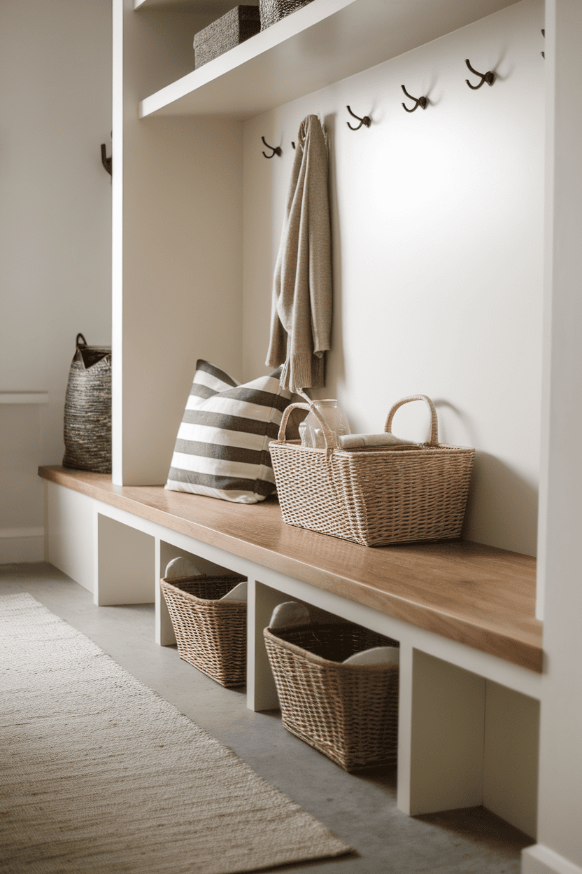 A minimalist mudroom featuring a wooden storage bench, baskets, and hooks for a clean and organized look.