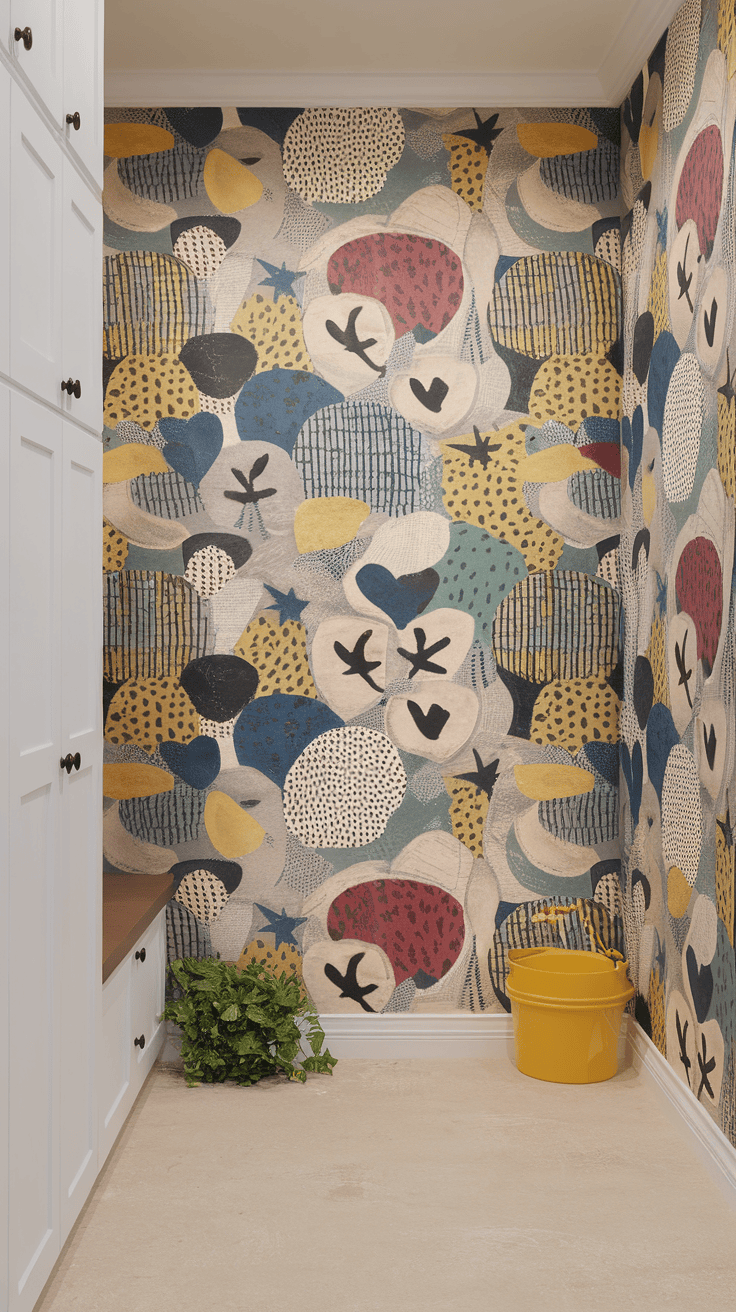 Colorful mudroom wallpaper with playful patterns in various shapes and colors.