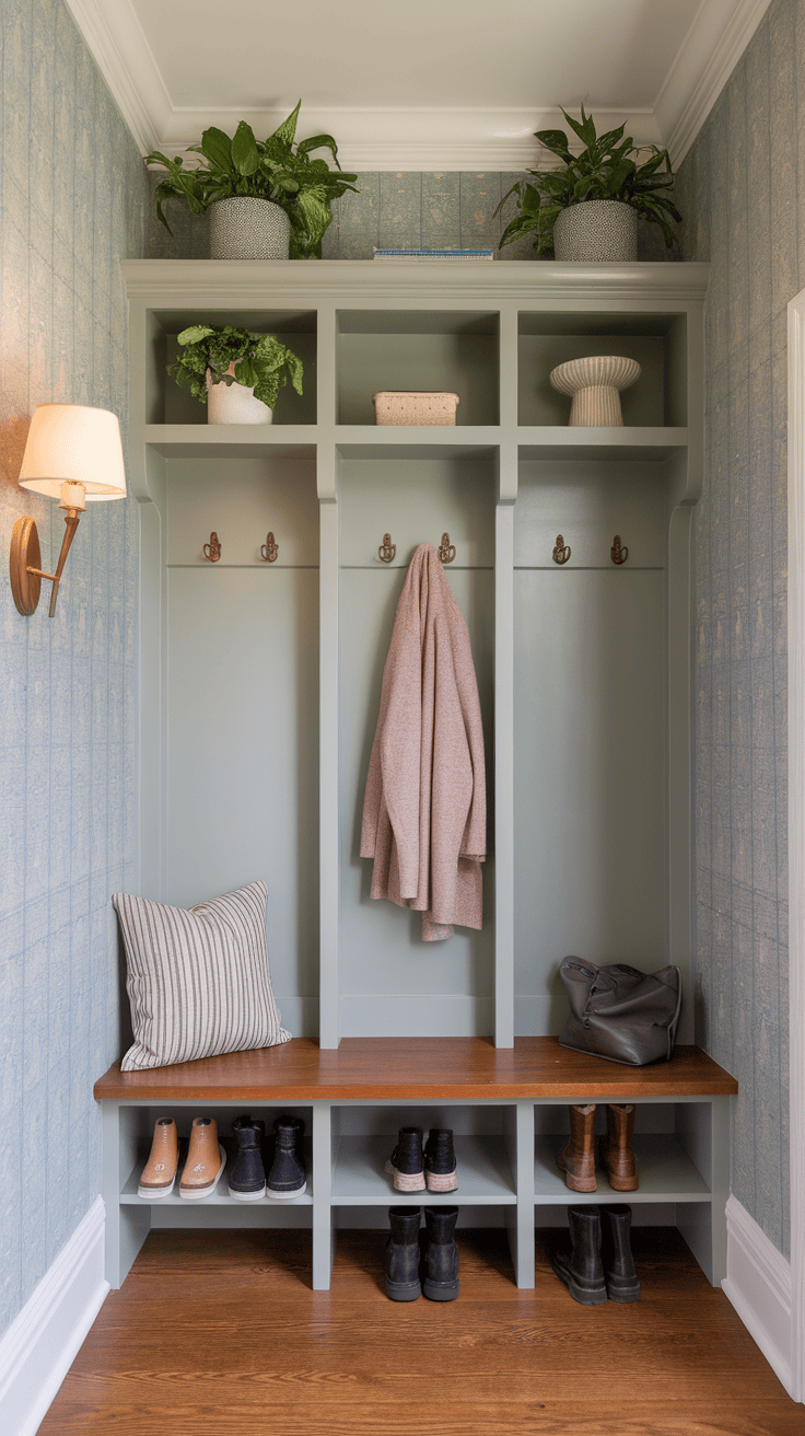 A stylish mudroom featuring elegant wallpaper, storage shelves, and a cozy bench.