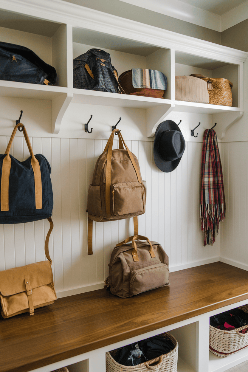 A well-organized mudroom featuring a wooden storage bench with bags and accessories on display.