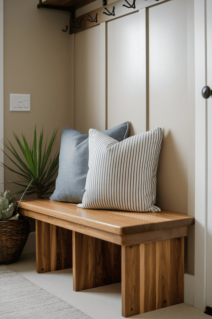 A narrow wooden storage bench with decorative pillows in a small entryway.