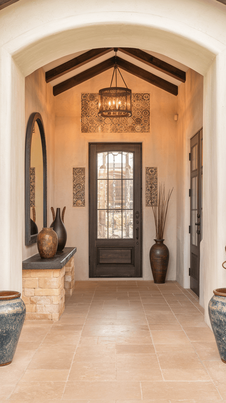 A Spanish-inspired entryway with natural light, earthy tones, and decorative pottery.