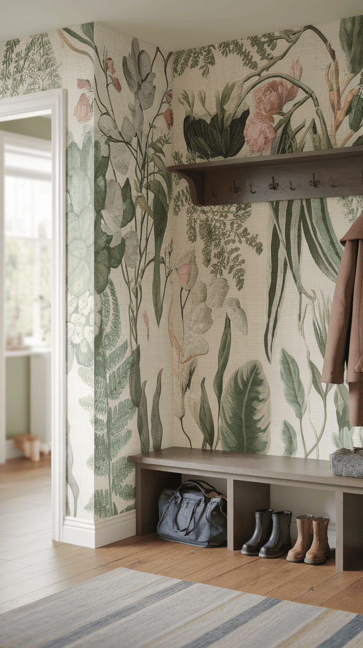 A cozy mudroom with nature-inspired wallpaper featuring greenery and floral designs, complemented by a wooden bench and storage.