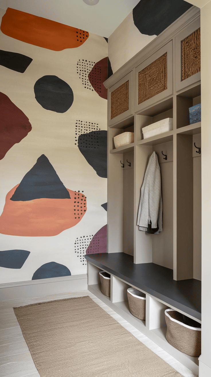 A stylish mudroom featuring neutral-toned wallpaper with abstract shapes and a functional storage area.