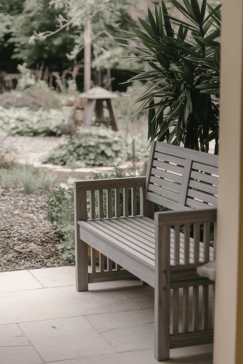 A wooden bench in a garden setting, surrounded by greenery.